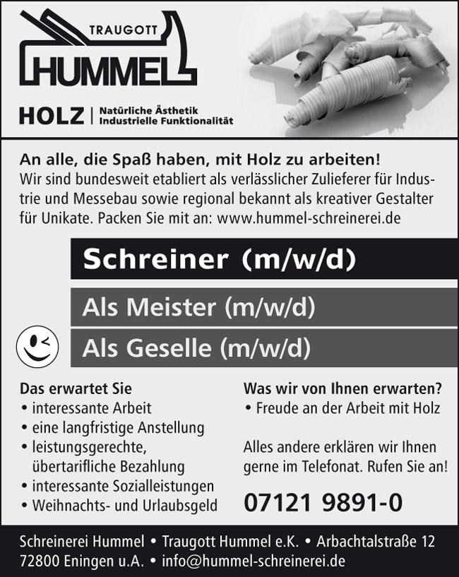 Stellenanzeige Schreinerei Hummel